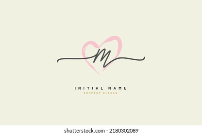 M Initial letter handwriting and  signature logo. A concept with heart template element.