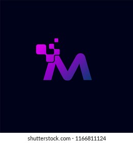 M Initial Letter Logo Design teamplate with Digital Pixels element technology in Purple Colors