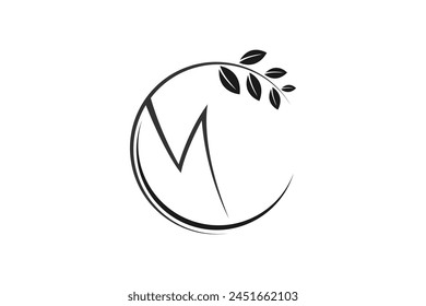 M initial letter logo design with leaves vector element minimalist beauty women care.