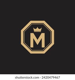 M initial letter monogram design with crown icon in hexagonal shape vector eps