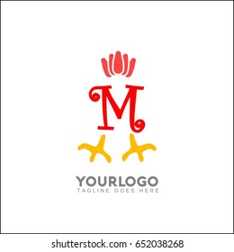 M Initial Letter With Rooster or Cock Icon Logo. Chicken vector illustration