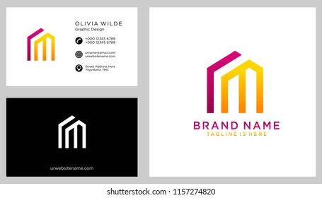 M initial logo with business card vector template