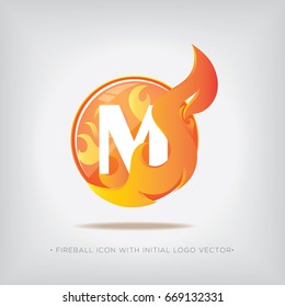 M Initial Logo With Fireball Icon Vector
