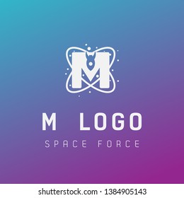 M Initial Space Force Logo Design Galaxy Rocket Vector In Gradient Background