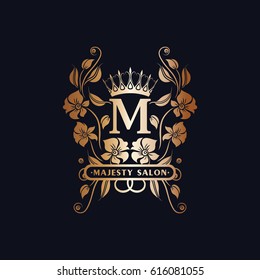 m initials logo floral with  crown. vintage design