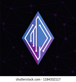 M J Initial letter block chain logo icon vector template. Looping mono line circuit letter on rhombus cube logo