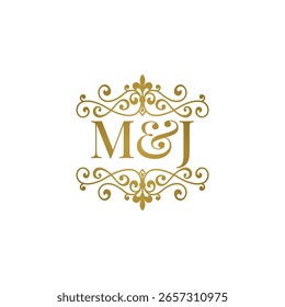 Logotipo de las iniciales M y J adorno dorado. Perfecto para la boda o el símbolo de socio de negocios