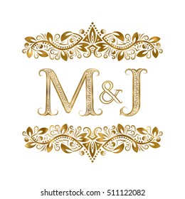 M and J vintage initials logo symbol. The letters are surrounded by ornamental elements. Wedding or business partners monogram in royal style.