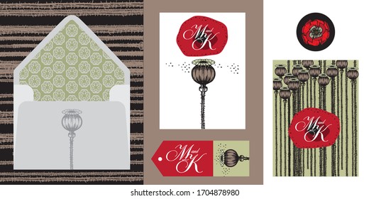 M and K. A set of greeting cards, envelopes and business cards intended for holiday or wedding greetings. Vector illustration. Stylized graphics from a bright and beautiful flower.