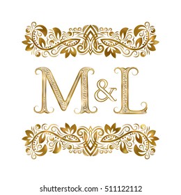 M and L vintage initials logo symbol. The letters are surrounded by ornamental elements. Wedding or business partners monogram in royal style.