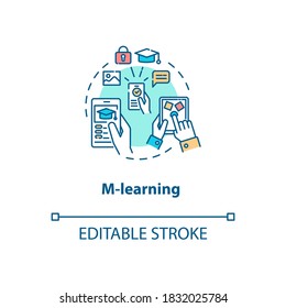 M learning concept icon. Smartphone educational applications. Distance education. Virtual classrooms idea thin line illustration. Vector isolated outline RGB color drawing. Editable stroke