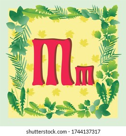 m letter alphabet with a frame of green leaves