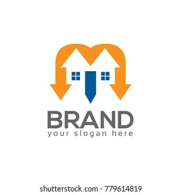 M letter with arrow and house icon