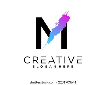 M Letter With Artistic Brush Stroke Ending.Purple Blue Electric Vibrant Color Vector Illustration.