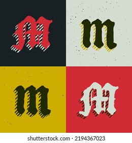 M letter blackletter style logo set with grunge texture. Stylish horror gothic icon font. Perfect for retro style identity, music album covers, movie posters, luxury packaging, medieval design.