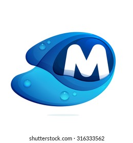 M letter with blue water drops. Letter vector design template elements for your application or corporate identity.