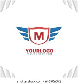 M letter brand identity. Falcon wing logo vector icon. Blue shield design template.