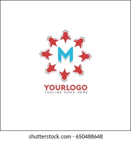 M letter brand identity. Vector graphic elegant sliced alphabet symbol with star element on circle in silver and red color.