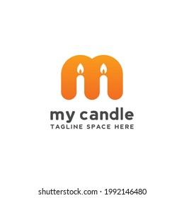 M Letter Candle, Fire, Flame Logo Template