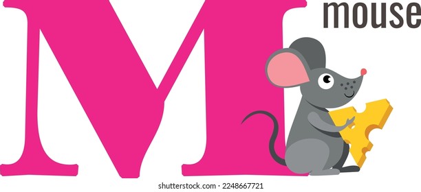 M letter card. English vocabulary with funny mouse