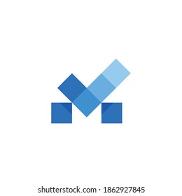 M letra con marca de verificación y vector de diseño del logotipo de la caja de píxeles
