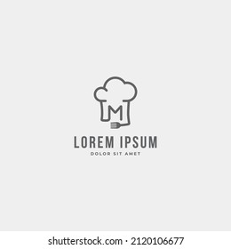 M Brief mit Koch-Hut und Gabel einfache minimale Speisen, Küche, Restaurant Logo Symbol Design-Konzept