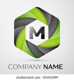 M Letter colorful logo in the hexagonal on grey background. Vector template for your design