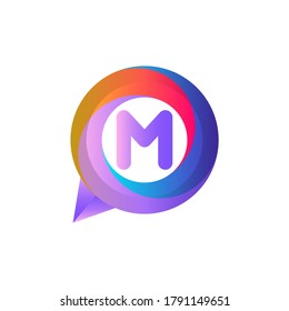 M letter colorful on circle chat icon logo.M chat logo minimalist template using modern and gradient style.M letter ellipse chat logo.M letter chat logo