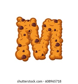 M letter cookies. Cookie font. Oatmeal biscuit alphabet symbol. Food sign ABC
