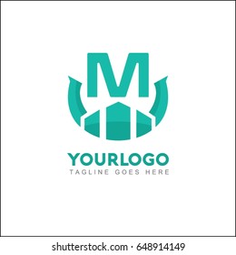 M letter creative logo. Real estate icon design for business visual identity. Illustration city, house and skyscraper.