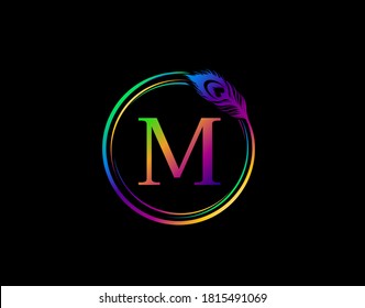 M Letter Decorated With Hologram Color Peacock Feather. Circle Badge With Peacock Feather. 