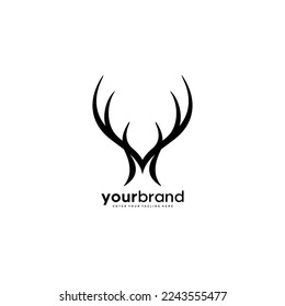 M Letter and deer antlers logo design template. Deer head antlers design element, M Letter logo icon