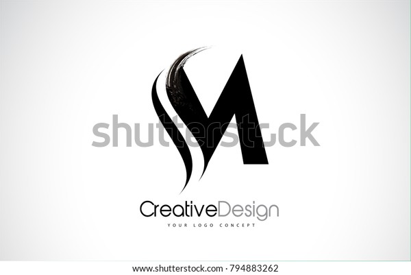 M Letter Design Brush Paint Stroke. Letter Logo\
with Black Paintbrush\
Stroke.