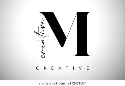 M Letter Design with Creative Cut and Serif Font in Black and White Colors Vector Illustration.