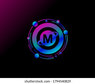 Diseño de letras M. Planeta de anillo moderno con línea de órbita. Colorido logo del planeta de geometría abstracta.