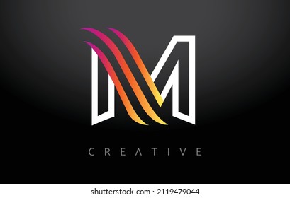 M Letter Design on a Black Background. Orange Purple M Letter Logo Design with Modern Monogram Lines Look Vector Illustration.