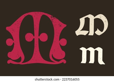 M letter drop cap logo. Illuminated initial and blackletter uppercase and lowercase. All you need to precisely imitate medieval text. Decorative element for the beginning of a paragraph or section.