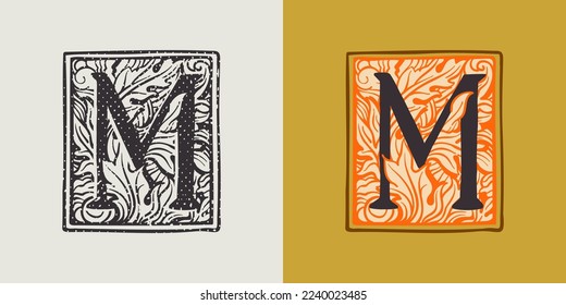 M letra gota logotipo de la tapa en estilo medieval grabado. Conjunto de iniciales iluminadas en forma de cuadrado monocromo y color tenue. Perfecto para identidad de primera calidad vintage, afiches de la Edad Media, embalaje de lujo.
