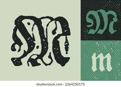 M letter drop cap logo. Illuminated initial and blackletter uppercase and lowercase. All you need to precisely imitate medieval text. Decorative element for the beginning of a paragraph or section.