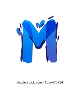 M letter eco logo with blue water drops handwritten with a felt-tip pen. Vector marker font can be used for eco friendly, vegan, bio, raw, organic template.