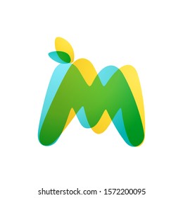 M letter eco logo. Overlapping gradient font with green leaves. Vector green template can be used for eco, vegan, bio, raw, organic.