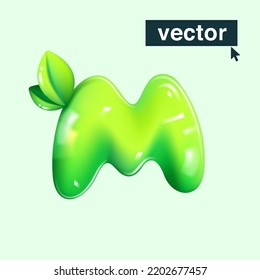 M letter eco logo in realistic 3D design and cartoon balloon style. Glossy green vector illustration. Perfect for agriculture banners, vibrant advertising, waste recycling art, healthy food packaging.