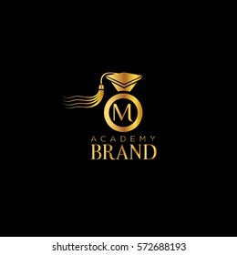 M letter education hat vector logo design template. Graduation cap golden sign (symbol, design element)