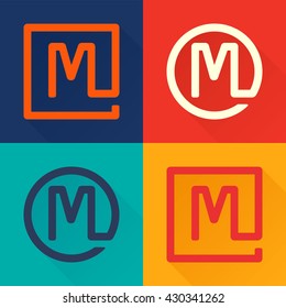 M letter flat logo in circle and square. 
