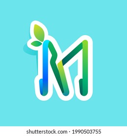 M letter flow line eco logo with green leaves. Vector green icon perfect to use in your agriculture labels, science posters, spring advertising campaign.