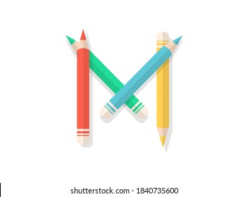 M letter font made of multicolored pencils. Vector design element for logo, banner, posters, card, labels etc. 