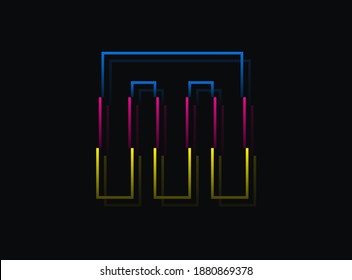 M letter font, vector design logo. Dynamic, split-color, blue, pink, yellow on black background. Eps10 illustration