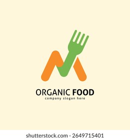 M Letter Food Logo. Abstract Fork Monogram Symbol for Restaurant and Organic Meal Brand.