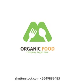 M Letter Food Logo. Green Spoon and Fork Monogram for Organic Restaurant.