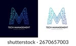M letter futuristic logo design with electric line for tech brand corporate identity. Title tech management typographic circuit vector. Innovation technology modern network letter company typo design.